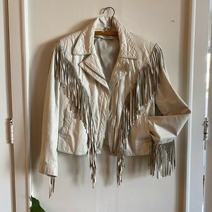 Vintage White Leather Fringe Moto Jacket